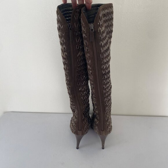 Sergio Rossi Square Toe Tall Woven Boots w Heel Shoes - Picture 5 of 11